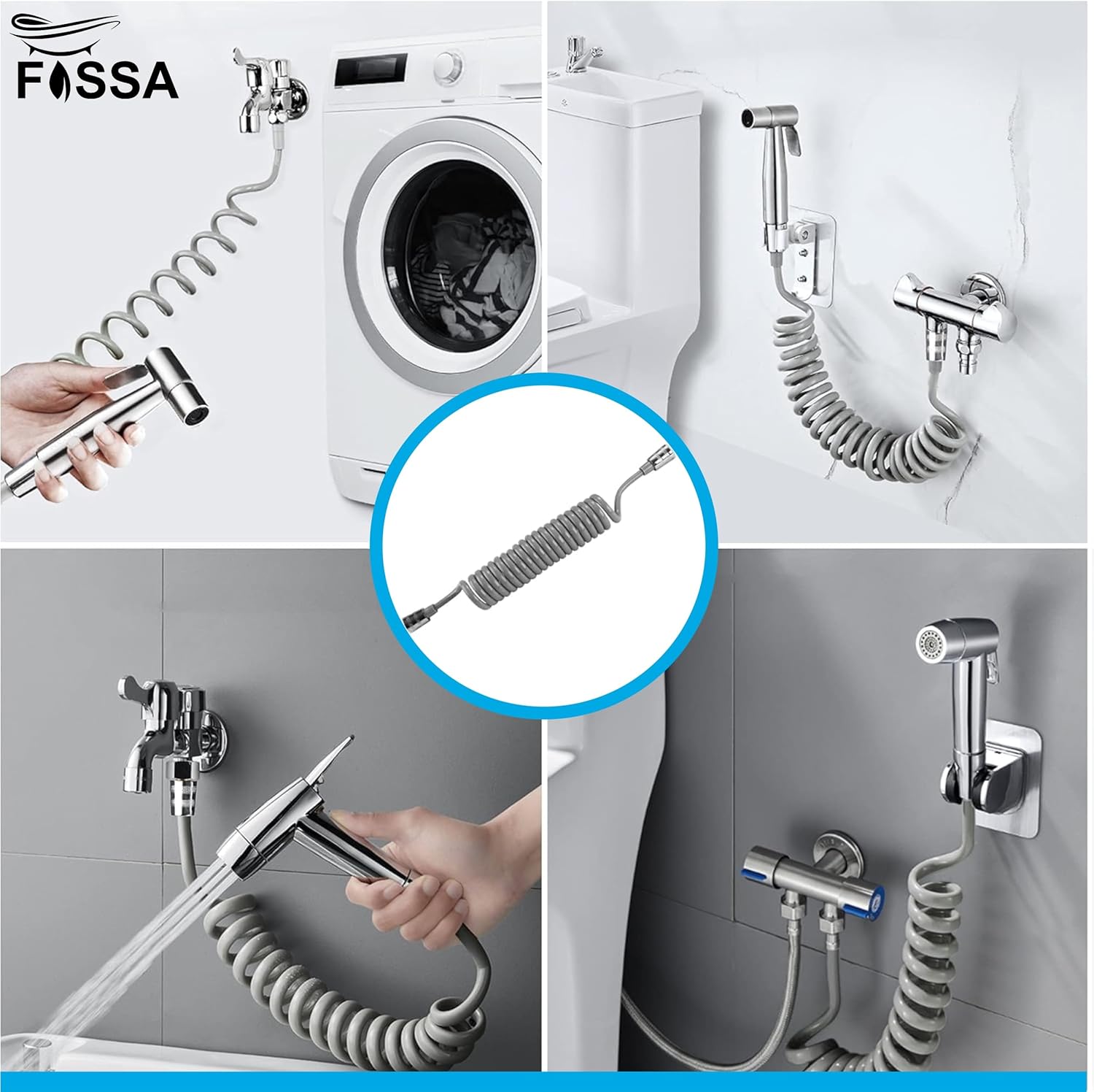 Fossa Spring Flexible Shower Hose, 1 Meter Plastic Telescopic Shower Hose for Water Plumbing Toilet Bathroom Spiral Flexible Shower (Grey)