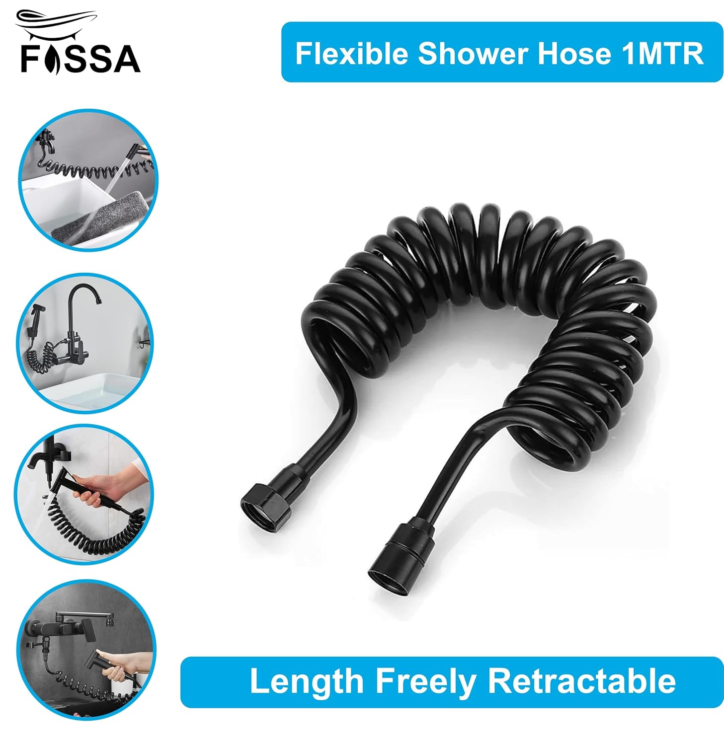 Fossa Spring Flexible Shower Hose, 1 Meter Plastic Telescopic Shower Hose for Water Plumbing Toilet Bathroom Spiral Flexible Shower (Black)