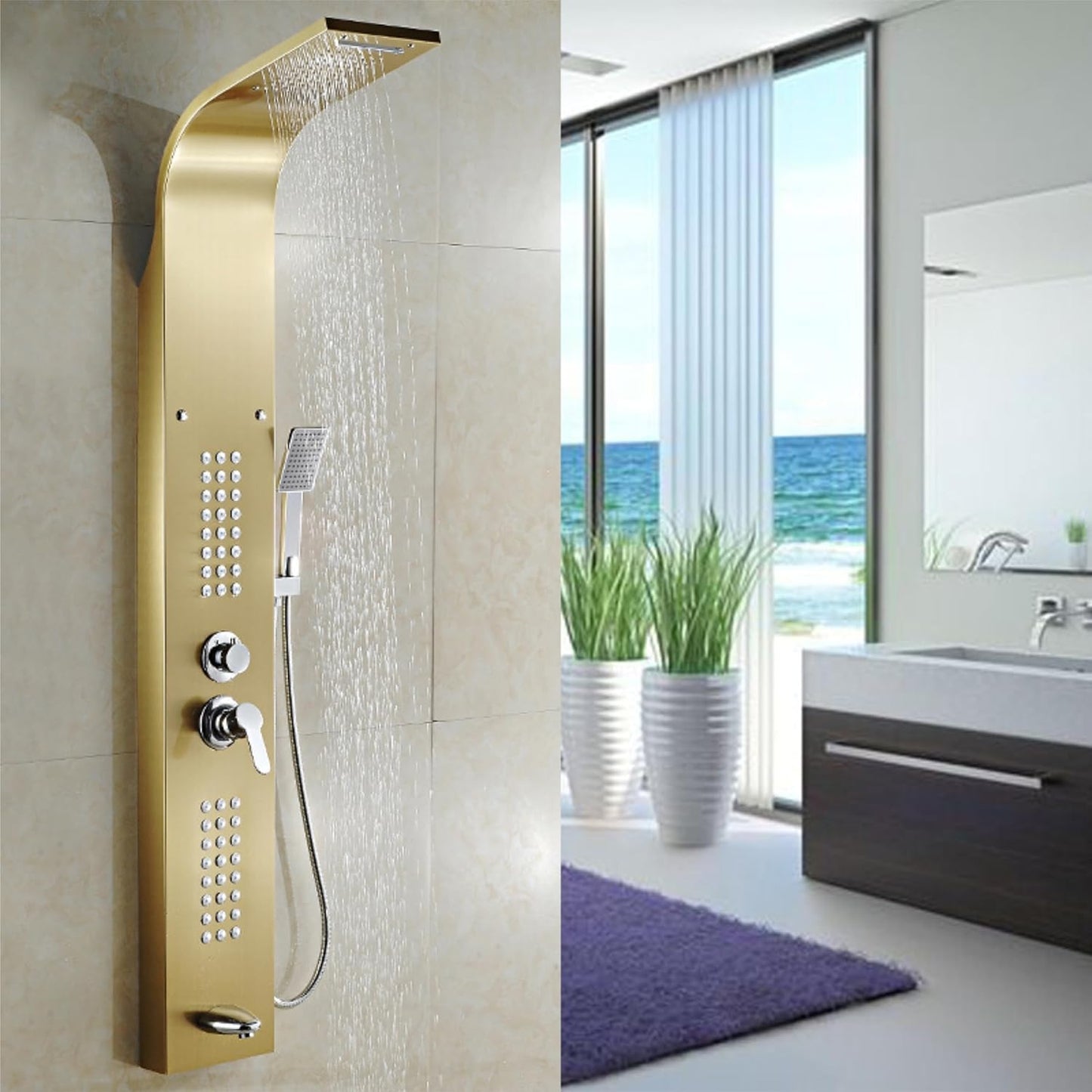 Stainless Steel Shower Panel Full Set, Dual Flow Overhead Waterfall Shower, Hand Shower, Wall Mount Shower Panel For Bathrooms