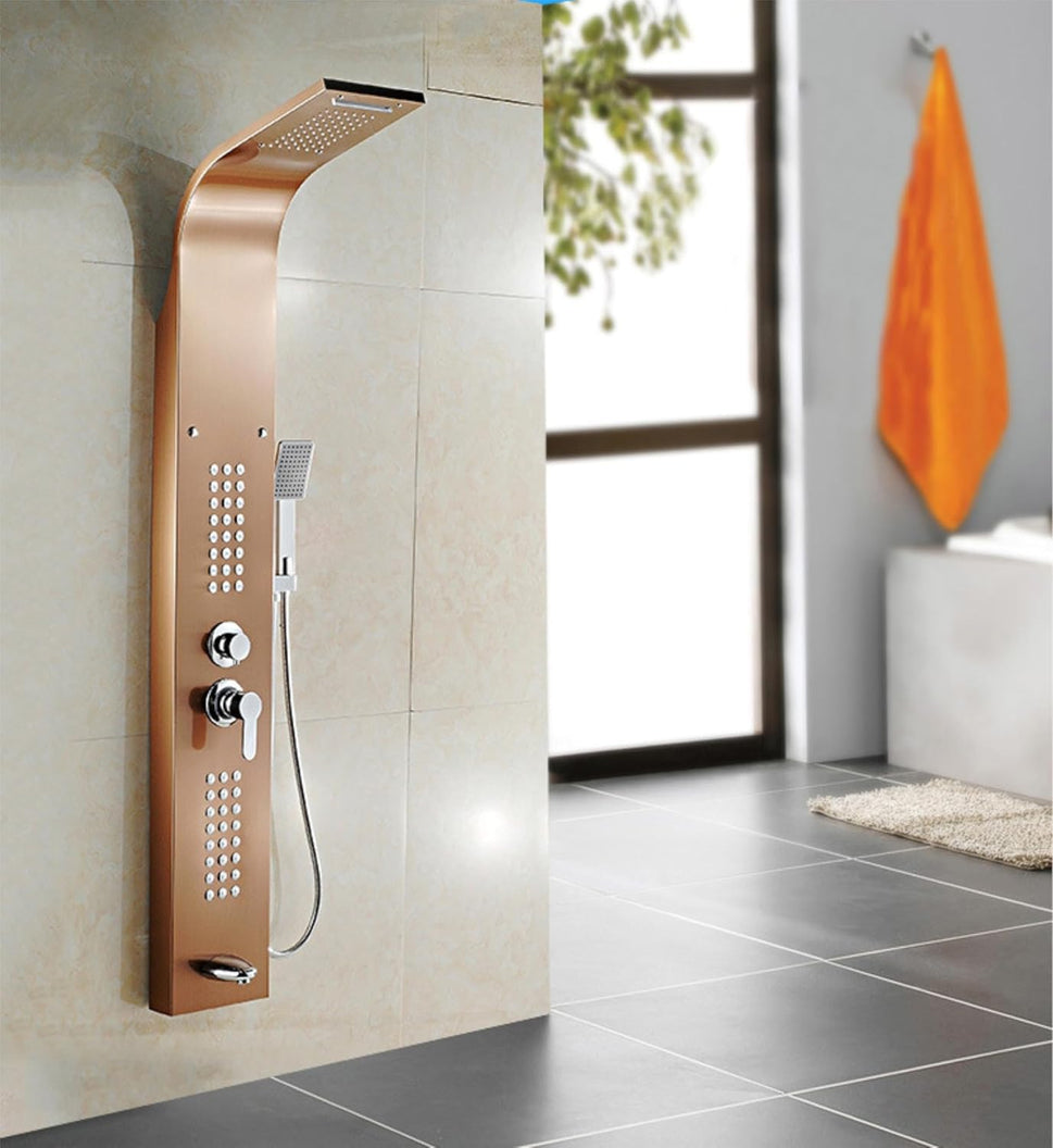 Stainless Steel Shower Panel Full Set, Dual Flow Overhead Waterfall Shower, Hand Shower, Wall Mount Shower Panel For Bathrooms (Rose Gold)