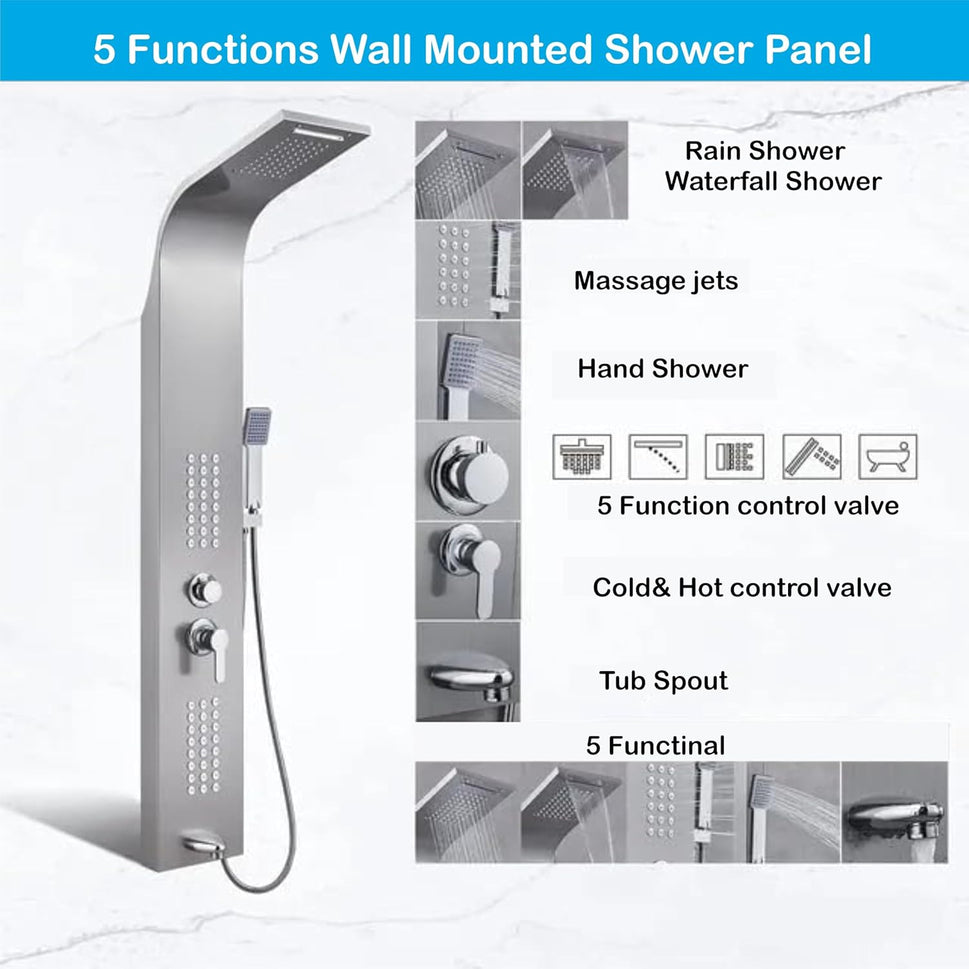 Stainless Steel Shower Panel Full Set, Dual Flow Overhead Waterfall Shower, Hand Shower, Wall Mount Shower Panel For Bathrooms (Silver)