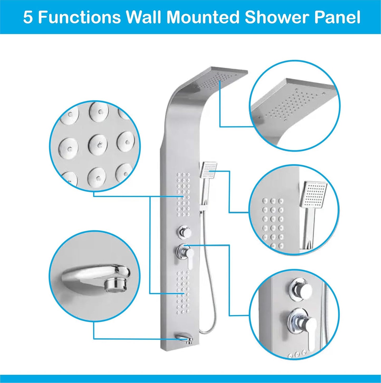 Stainless Steel Shower Panel Full Set, Dual Flow Overhead Waterfall Shower, Hand Shower, Wall Mount Shower Panel For Bathrooms (Silver)