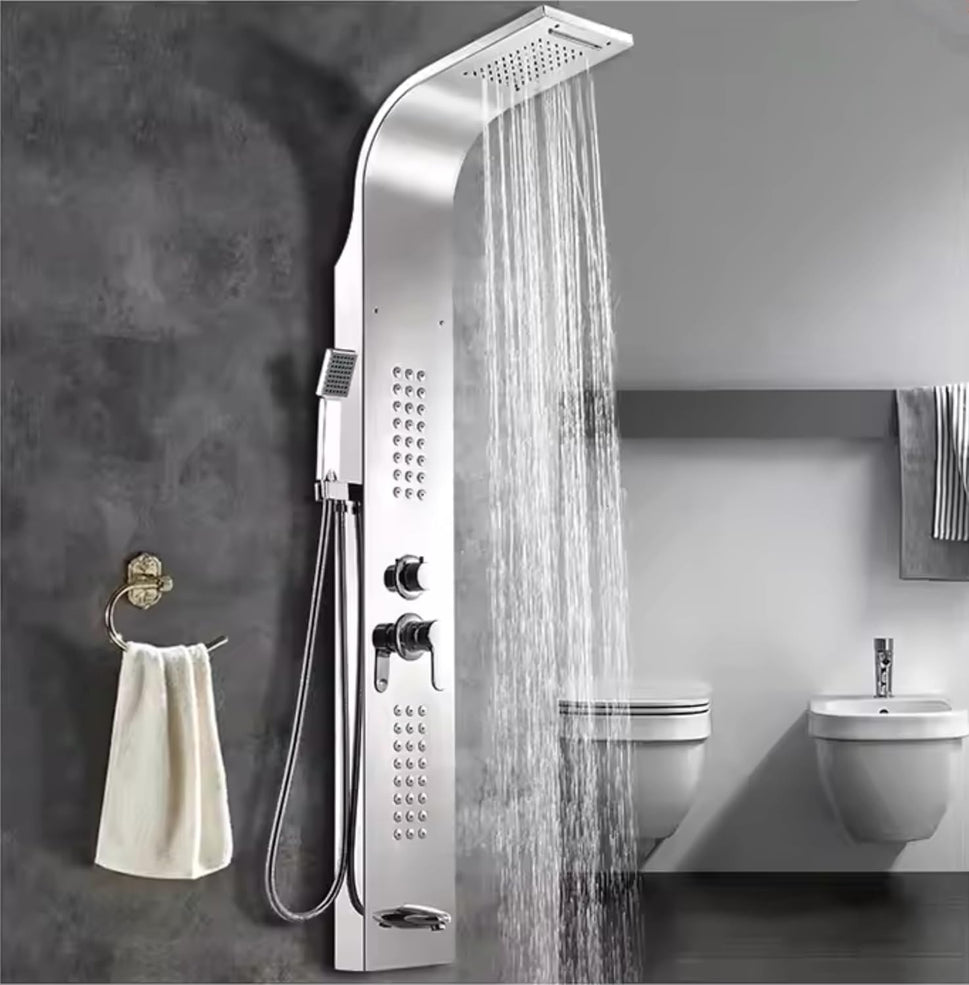 Stainless Steel Shower Panel Full Set, Dual Flow Overhead Waterfall Shower, Hand Shower, Wall Mount Shower Panel For Bathrooms (Silver)