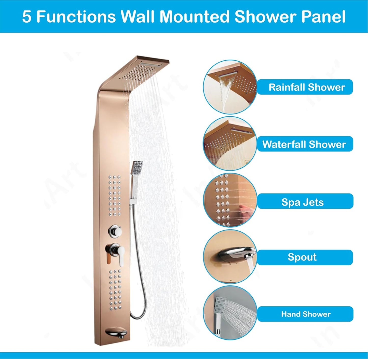 Stainless Steel Shower Panel Full Set, Dual Flow Overhead Waterfall Shower, Hand Shower, Wall Mount Shower Panel For Bathrooms (Rose Gold)