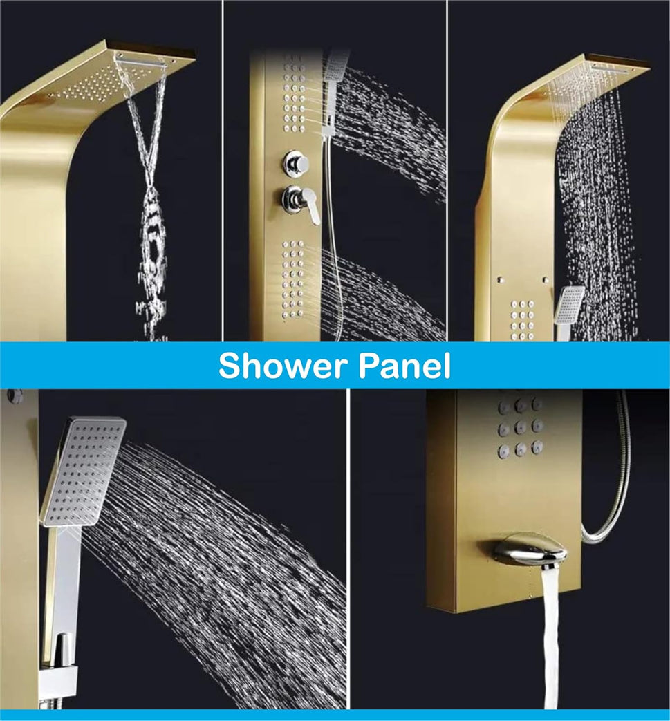 Stainless Steel Shower Panel Full Set, Dual Flow Overhead Waterfall Shower, Hand Shower, Wall Mount Shower Panel For Bathrooms