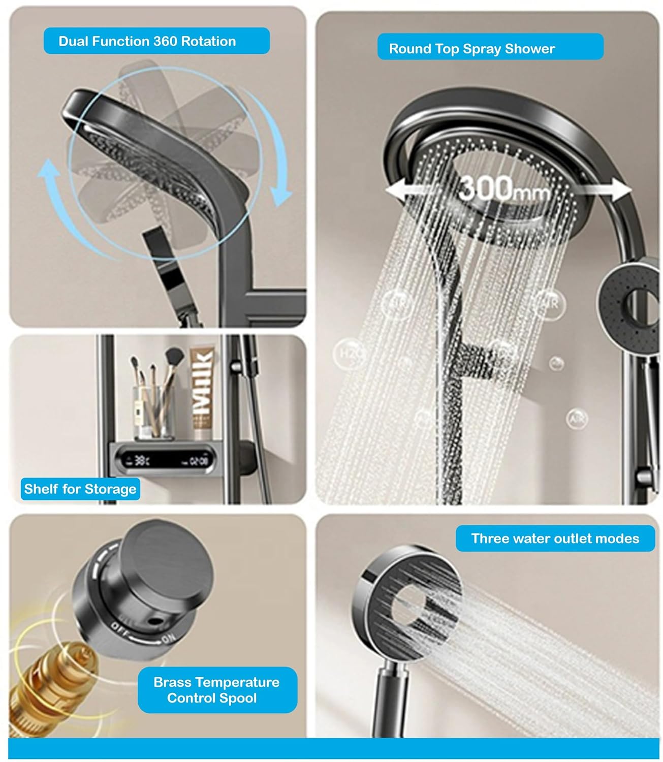 Fossa Shower Panel - Vortex with Hydropowered LED Light + Digital Display & 3 Water Functions (Gun Metal Grey)